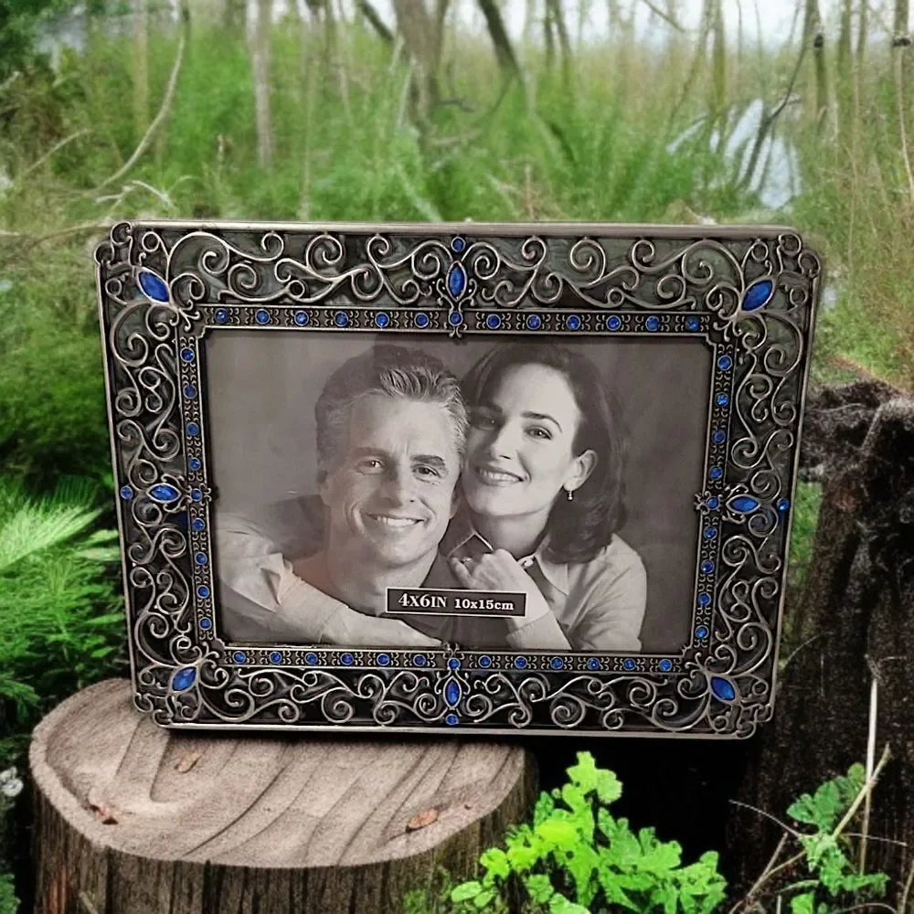 Picture Frame Ornate Metal Jewels Rhinestone Photo 4x6 Silver Tone Fairy Cottage